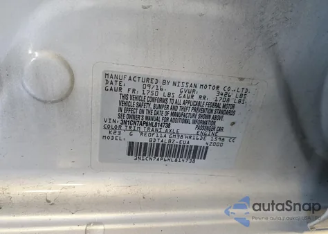 2017 Nissan Versa 1.6 S/1.6 S+/1.6 Sl/1.6 Sv из США, поврежденный, VIN 3N1CN7AP6HL814738